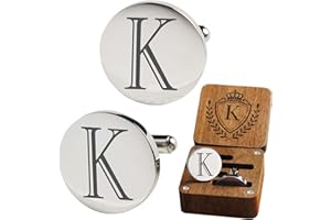SEEMDANTEN Mens Classic Initial Cuff links A-Z Alphabet 26 Letters Stainless Steel Silver CuffLinks with Engraved Walnut Wood Gift Box Business Wedding Set