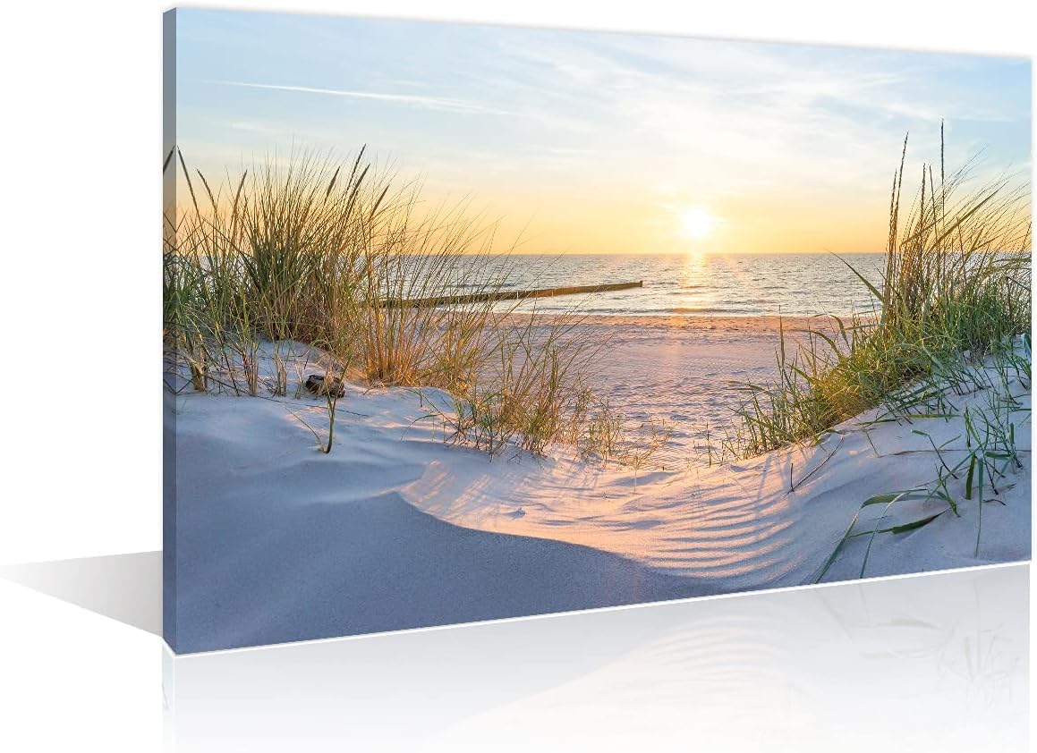 TISHIRON Wall Art Sandy Beach Sunrise Pictures Painting on Canvas Wall Art Modern Framed Seaside Canvas Prints Ready To Hang(24X16in)