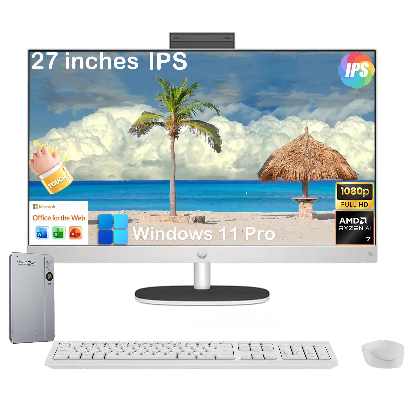 HP 27" Touchscreen All-in-One Desktop Computer, AMD Ryzen AI 7 350 (Up to 5.0GHz), 32GB DDR5 RAM, 2T SSD, FHD IPS Display, WiFi6, Bluetooth 5.4, Windows 11 Pro, Copilot+ AI PC, KB & Mouse, Accessories Image