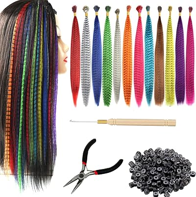 TSKDKIT 60 Pieces Coloured Synthetic Hair Extensions Feathers Micro Ring Kit