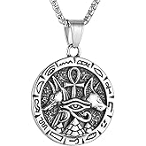 HZMAN Ancient Egyptian Symbol Necklace for Men Women Stainless Steel Retro Eye of Horus Pyramid Coptic Ankh Cross Anubis Round Pendant Necklace