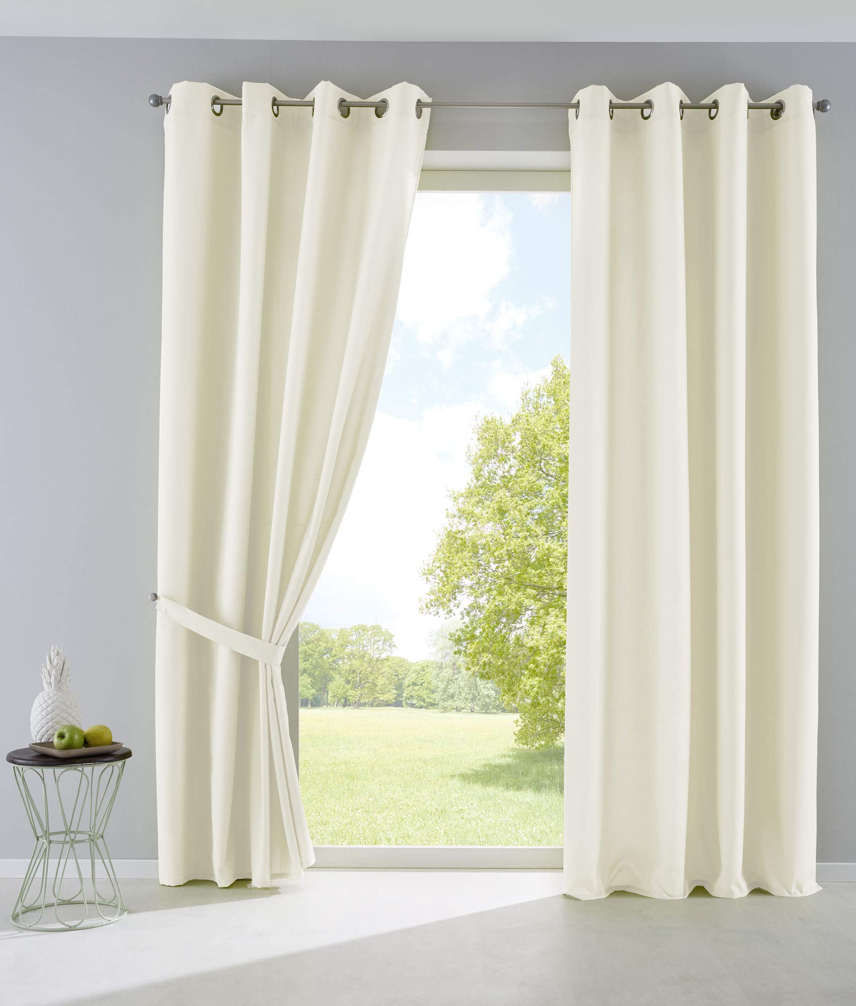 Gardinenbox Palermo Opaque Curtains with Eyelets and Tiebacks 100% Polyester Cream 225 x 140 cm Set of 2