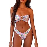 Womens Bikini Swimsuits Flower Print Strapless Tube Tops with Thong 2 Pcs Set Stylish Bikini Bathing Suit