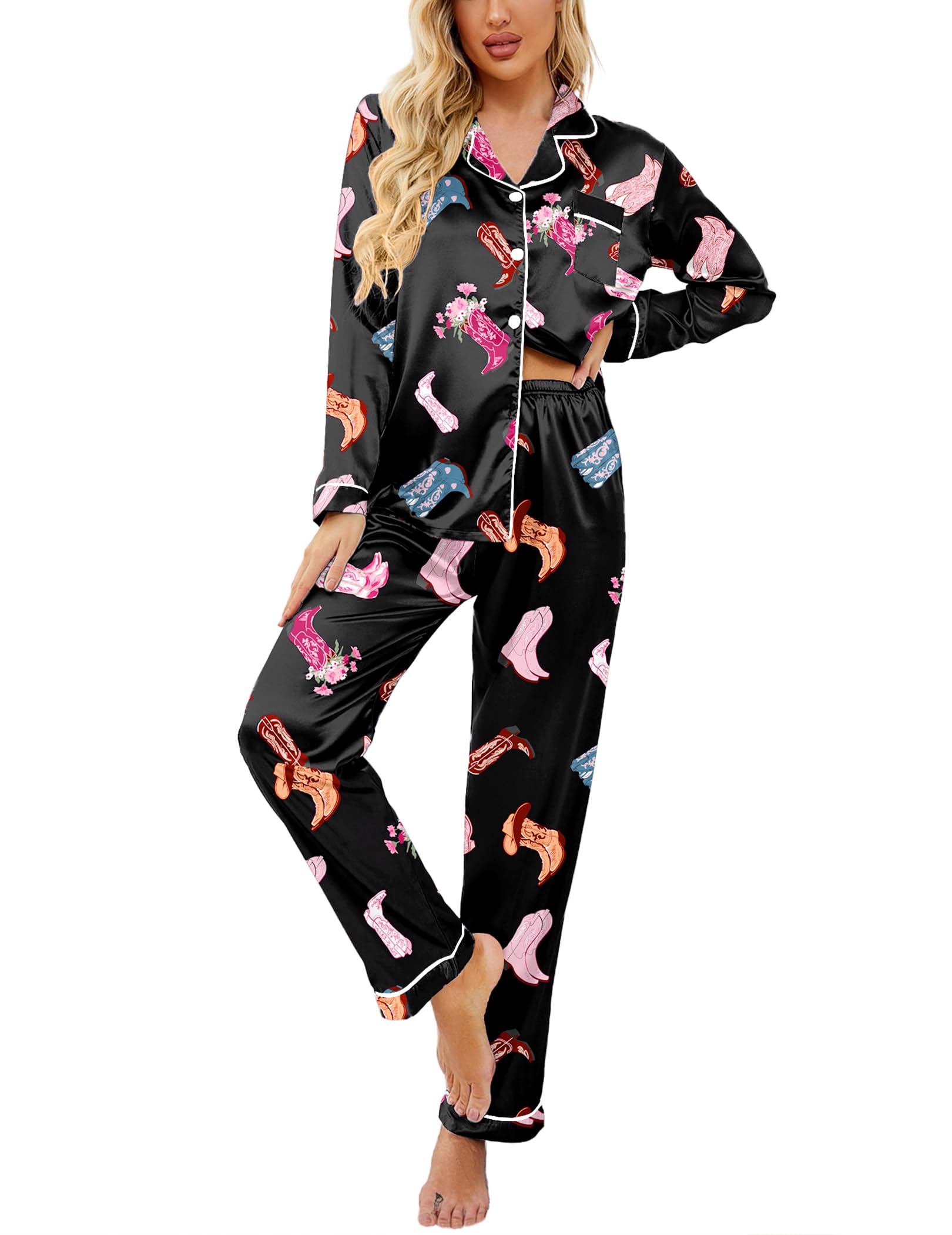 Ekouaer Womens Satin Pajama Set Classic Pattern Silky Pj Sets Button Down Sleepwear Loungewear,XX-Large,Black Boots Image