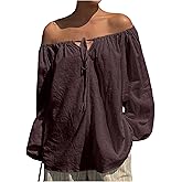 MakeMeChic Women's Linen Off The Shoulder Tops Long Sleeve Tie Front Blouse Shirt