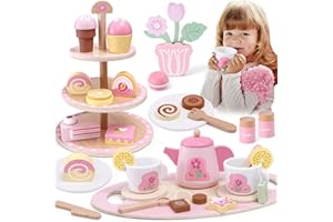 TOYSSA Wooden Tea Party Set for 2 3 4 5 6 Years Old Toddler Girls Toys Play Kitchen Gift, 3-Layer Cupcake Stand & Tray & Flower & Dessert, Kids Pretend Play Kitchen Accessories Little Girls Birthday Gifts