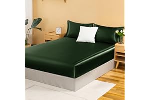 NSGZ Satin Fitted Sheet Queen, Single Silky Fitted Sheet Only Soft Deep Pocket Bottom Bed Sheets, Wrinkle Free & Fade Resistant & Breathable Bottom Sheets- Dark Green