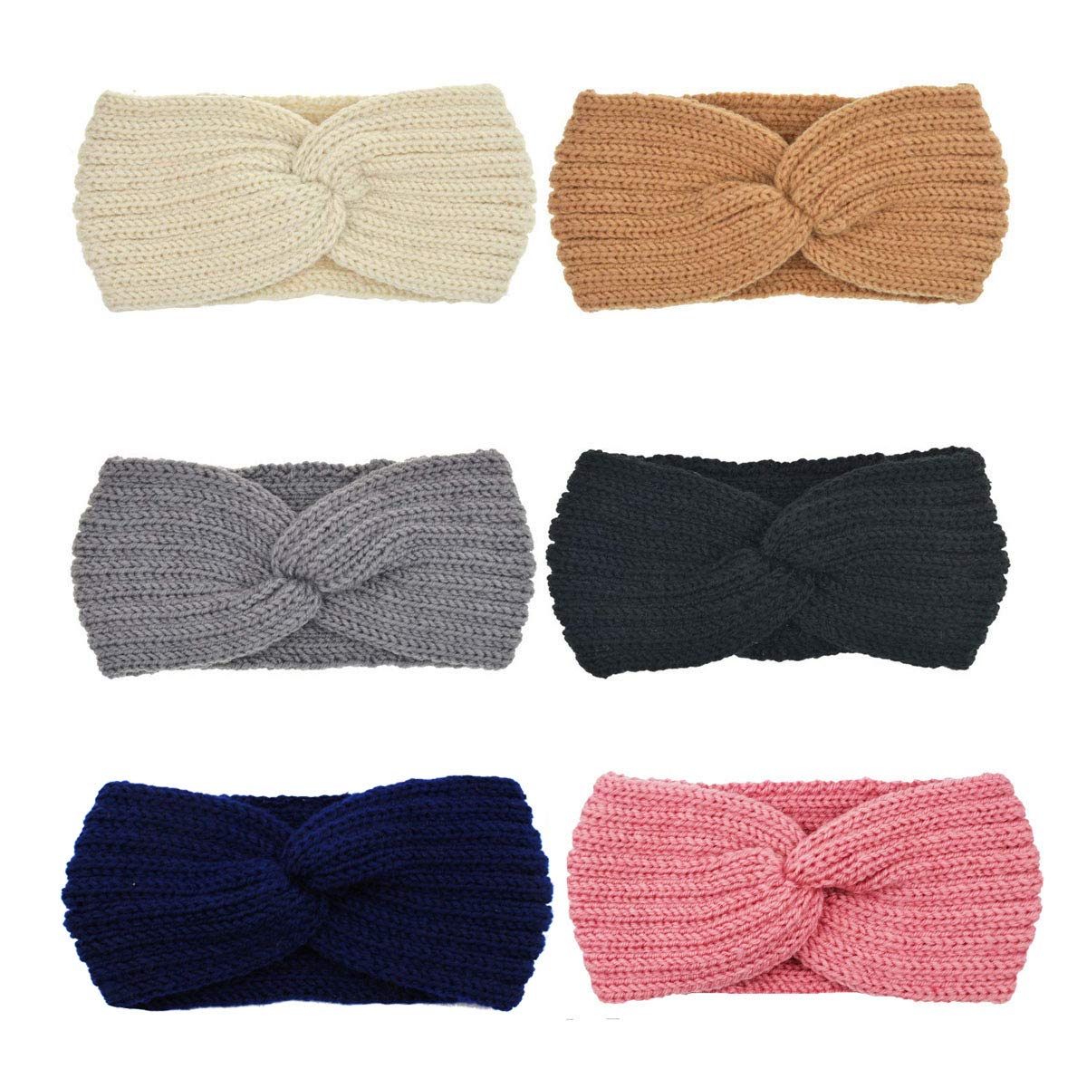 DRESHOW 6 Pieces Women Warm Knitted Headband Winter Ear Warmer Crochet Head Wraps Thick Cable Headband