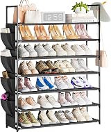 OYREL 7 Tier Shoe Rack 28-35 Pairs Large Organizer Black with Side Bag