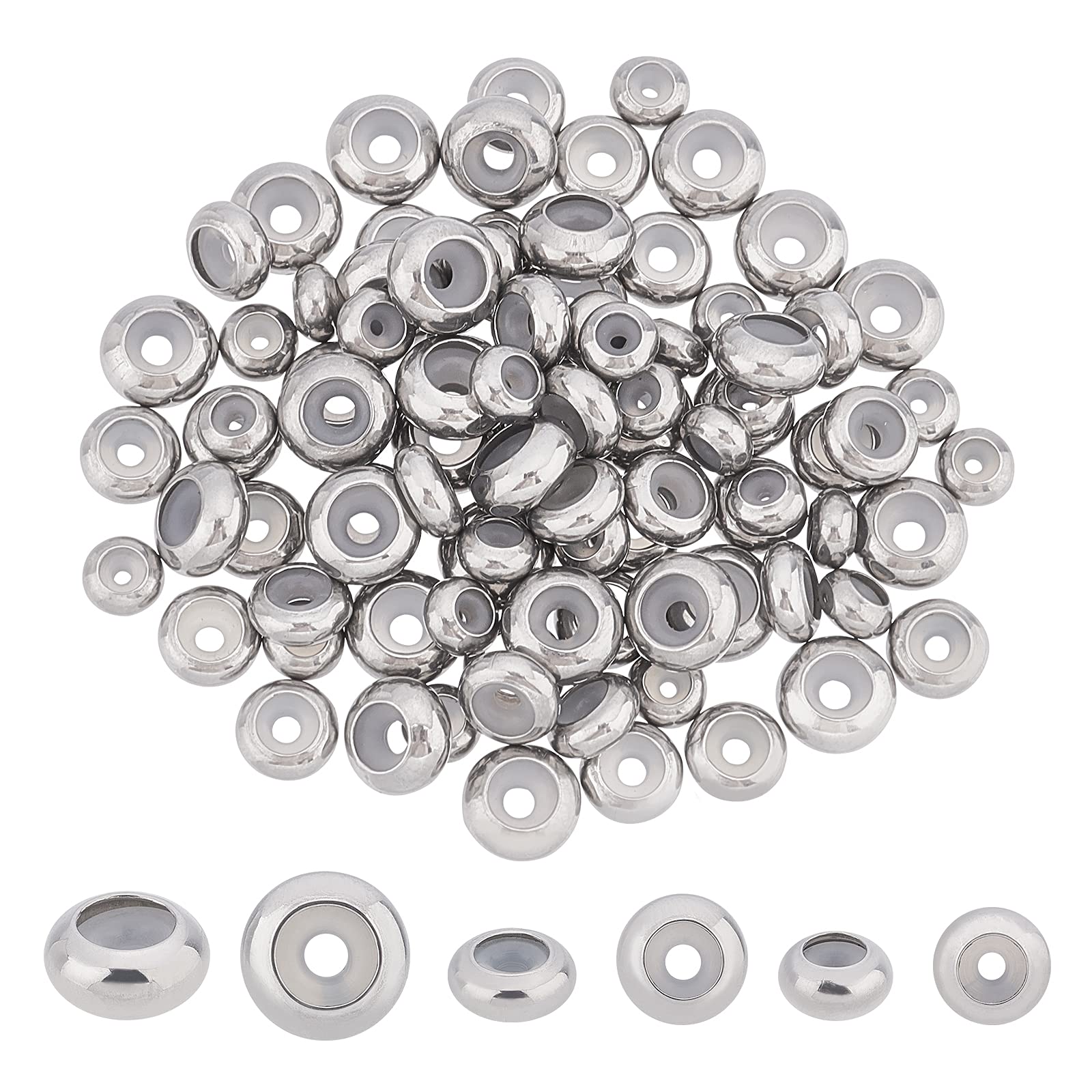 UNICRAFTALE about 90pcs 6/7/8mm Stopper Beads with Rubber Inside Metal Slider Beads Stainless Steel Bead Spacers for Jewelry Making Findings DIY Stainless Steel Color 1.2-1.8mm Hole