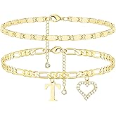 Wremily Initial Ankle Bracelets for Women Waterproof 14K Gold Plated Dainty Layered Figaro Chain Letter Initial CZ Heart Ankle Bracelets Set Summer Beach Jewelry for Women