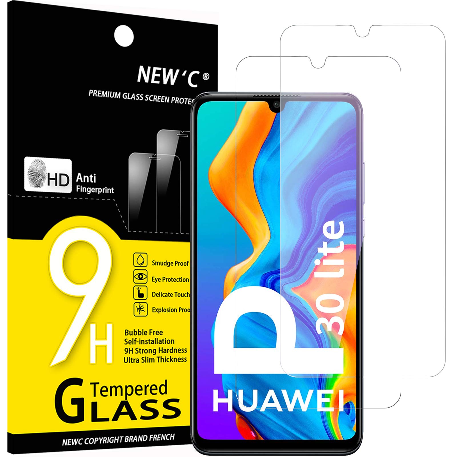 NEW'C 2 Pack Designed for Huawei P30 Lite, P30 Lite XL, Nova 4e Screen Protector Tempered Glass, Case Friendly Anti Scratch Bubble Free Ultra Resistant