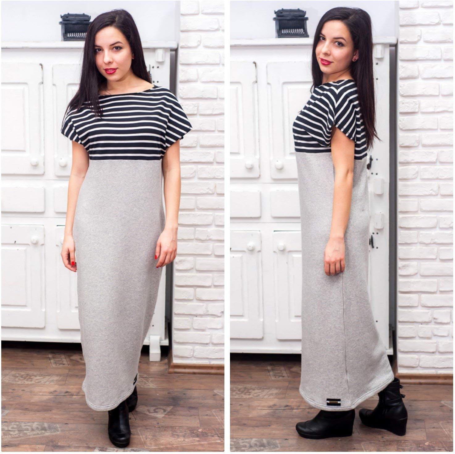 Maxi dress for women, long striped dress, casual dress in grey, long cotton dress, winter dress, dress short sleeve, shift dress