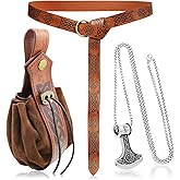 RechicGu 3 Pieces Medieval Viking Leather Belt, Retro Drawstring Belt Bag Pouch and Stainless Steel Chain Axe Necklace, Renaissance Knight Accessories Set for LARP Ren Faire Costume Brown