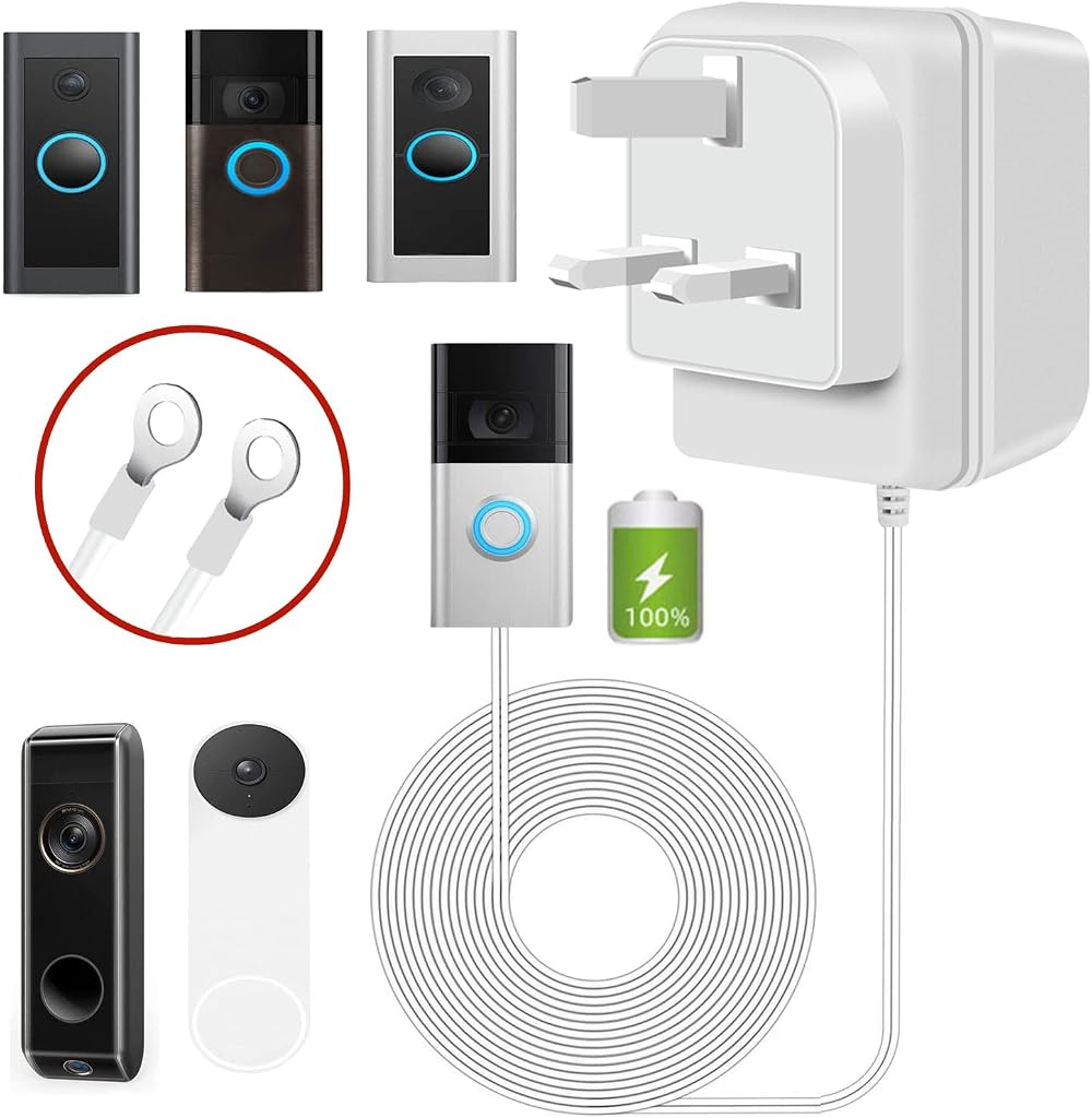 XZGM Doorbell Transformer 24V 500mA 8M Cable White Visual Doorbell Adapter
