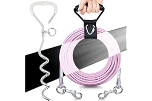 GoGoPaw Dog Tie Out Cable and Stake, Reflective Dog Yard Leash Cable with No Tangle Handle, Heavy Duty Dogs Tether and Chain for Medium to Large Dogs Up to 300lbs in Outdoor, Pink 10FT