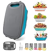 Gintan Camping Cutting Board, 9-in-1 Collapsible Chopping Board with Colander, Kitchen Vegetable Washing Basket for Camping, Camping Gifts Camping Accessories for RV Campers (Blue+Grey)