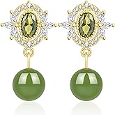 Natural Hetian Jade Earrings, Dainty Green Real Jade Charm Pendant Jewelry Studs, Zircon Shines Turquoise Earrings for Women (925 Sterling Silver with Gold Plated)