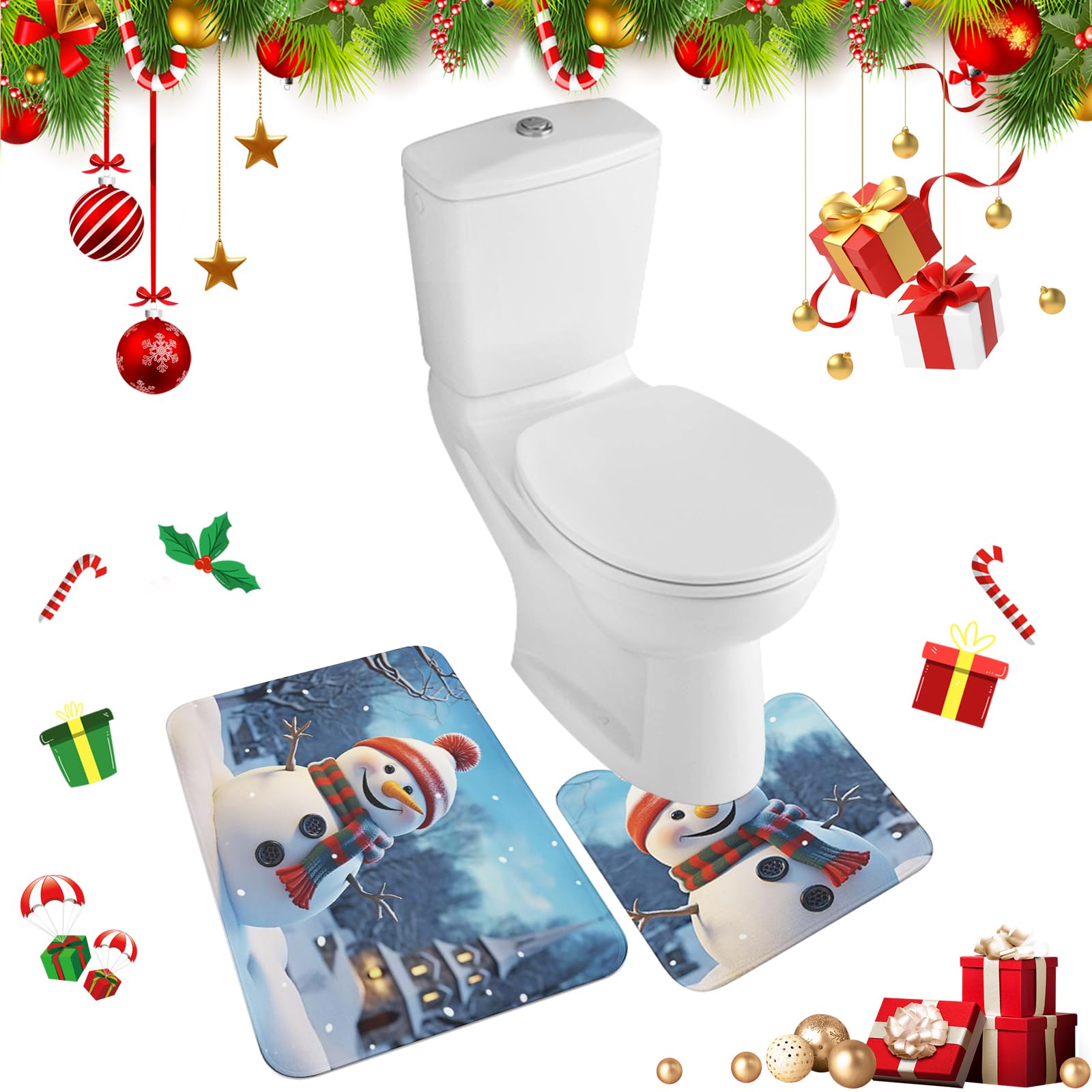 Minicoco Christmas Bathroom Rug Happy Snowman 2 Pieces Bathroom Rugs Bath Set Non-Slip Ultra Soft Carpet Mats Absorbent with U-Shaped Toilet for Toilet Bath Mat Set