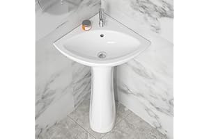 HOMLYLINK Corner Pedestal Sink White 1 Hole, 23 x 19 Inch Small Bathroom Pedestal Sink Combo, 1 Overflow Hole, 1 Faucet Hole, Pure White Porcelain, Triangular, for Corner of Bathroom