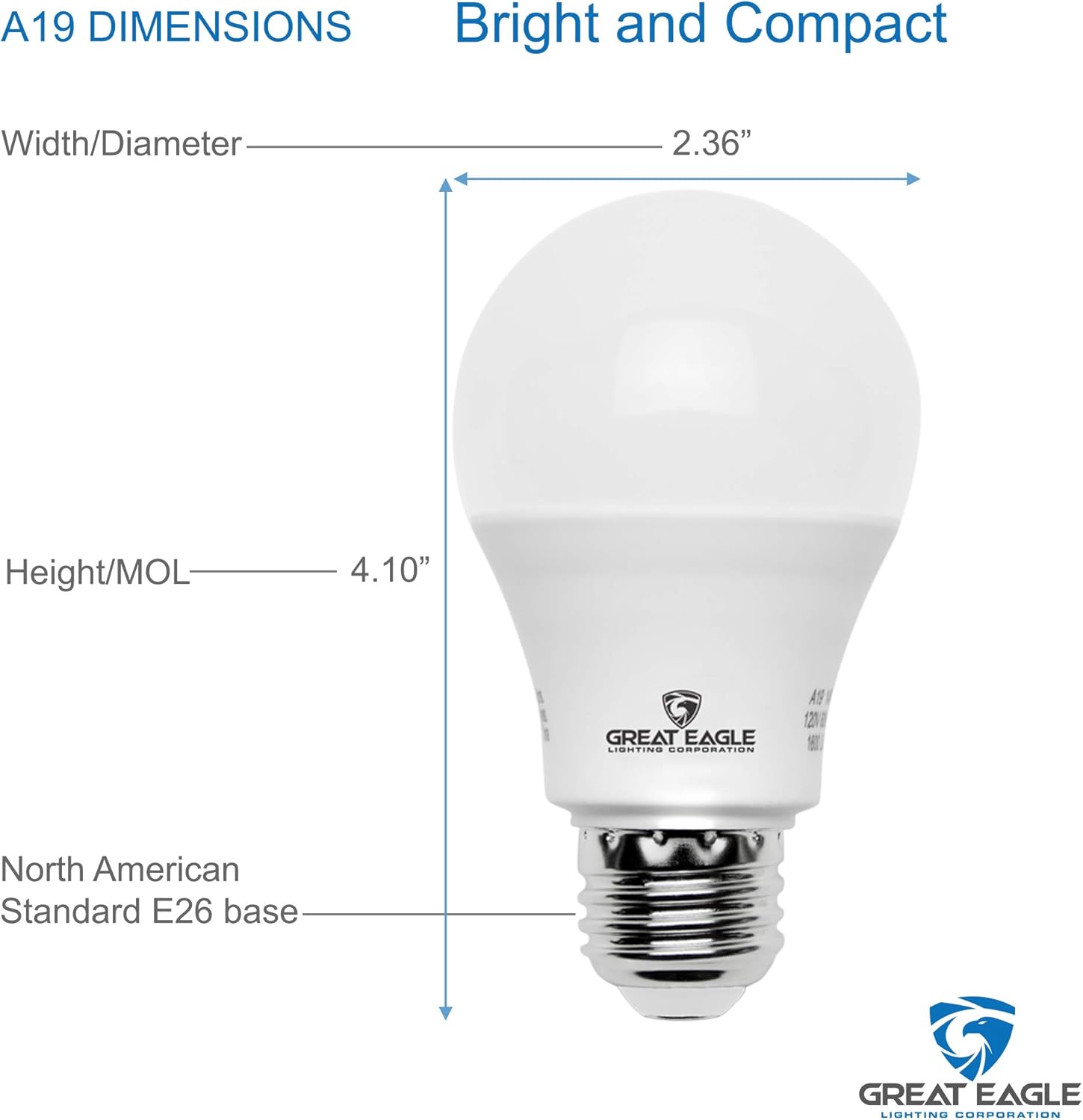Great Eagle A19 LED Light Bulb, 9W (60W Equivalent), UL Listed, 4000K (Cool White), 800 Lumens, dimmable, Standard Replacement (4 Pack) - - 