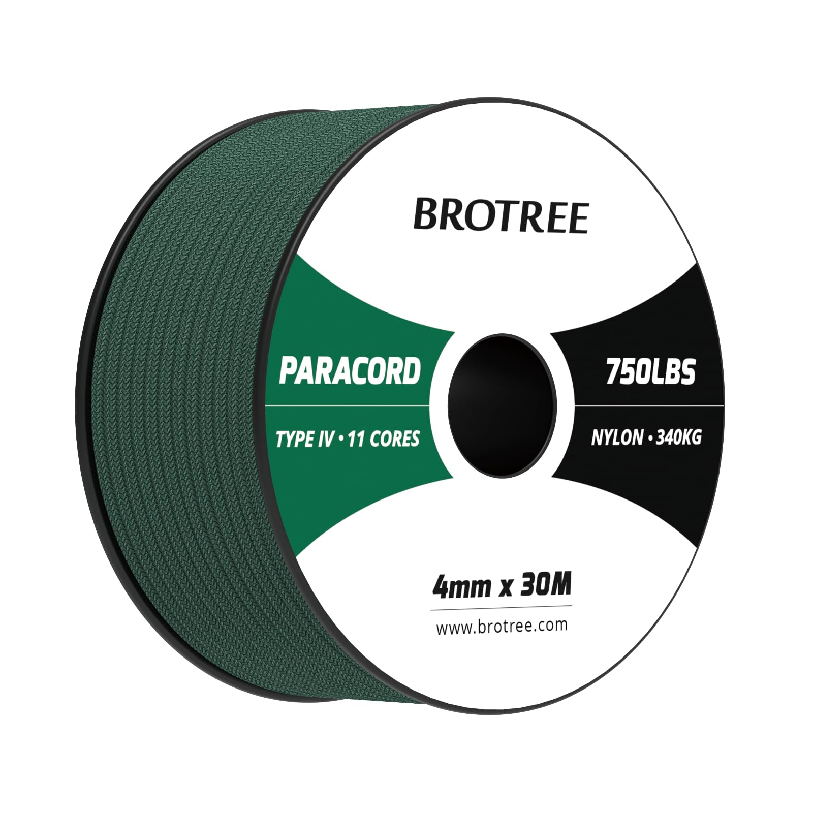 Brotree Paracord 4mm 30M 100% Nylon Rope 11 Strands 750lb Parachute Cord Type IV for Survival, Outdoor and DIY - 340kg Breaking Load (Dark Green)