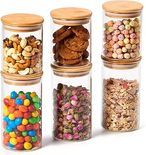 EZOWare 6er Set Glas Vorratsdosen, Vorratsgläser aus Borosilikatglas Küche Lebensmittel Lagerung Behälter mit Bambus Deckel - 450ml / 700ml
