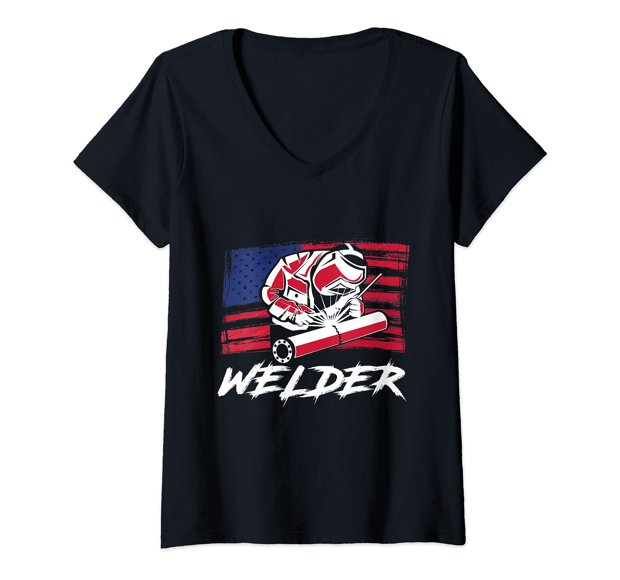 Womens American Flag Welder Engineer Engineering Welding V-Neck T-Shirt