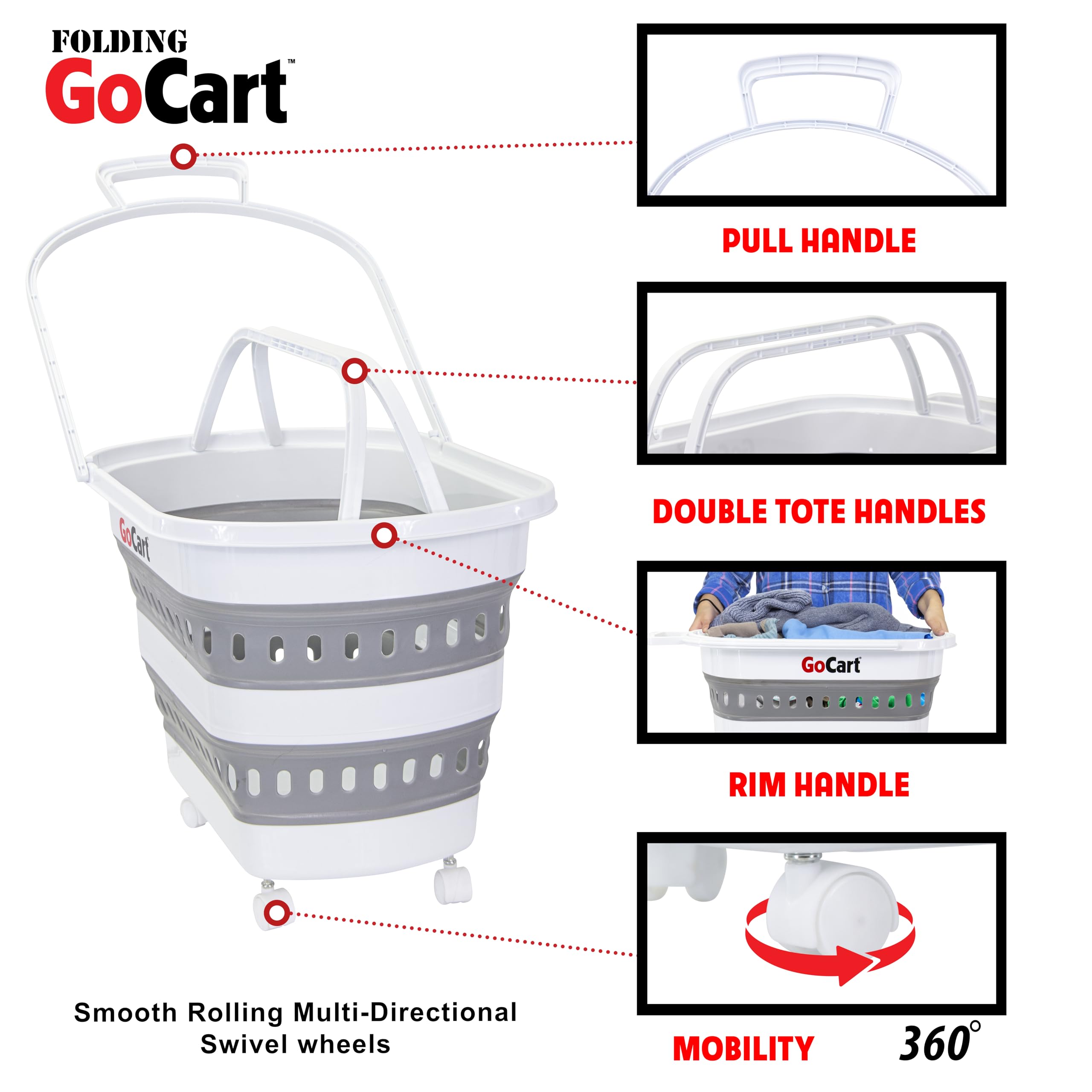 dbest products Folding Gocart Laundry Basket with Wheels, Multi Use Collapsible Grocery Shopping Cart, White
