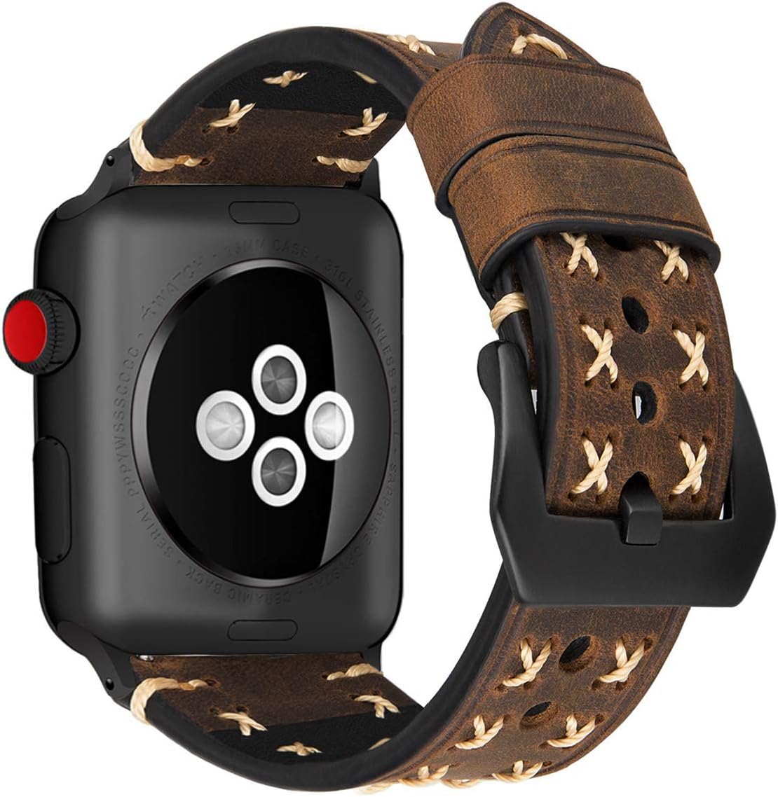 MroTechGenuine Leather Watch Strap 42mm 44mm Replacement Band compatibie with iWatch Series 1/2/3/4/5 42/44 mm Watchband (Coffee Strap/Black Adapters, 42mm/44mm)