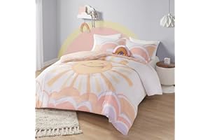 Urban Habitat Kids Comforter Sets, Sun, Smiling Emoji, Rainbow & Clouds Cartoon Reversible Print, Down Alternative, All Season Bedding, Matching Sham, Toss Pillow, Twin Yellow/Coral 3 Piece