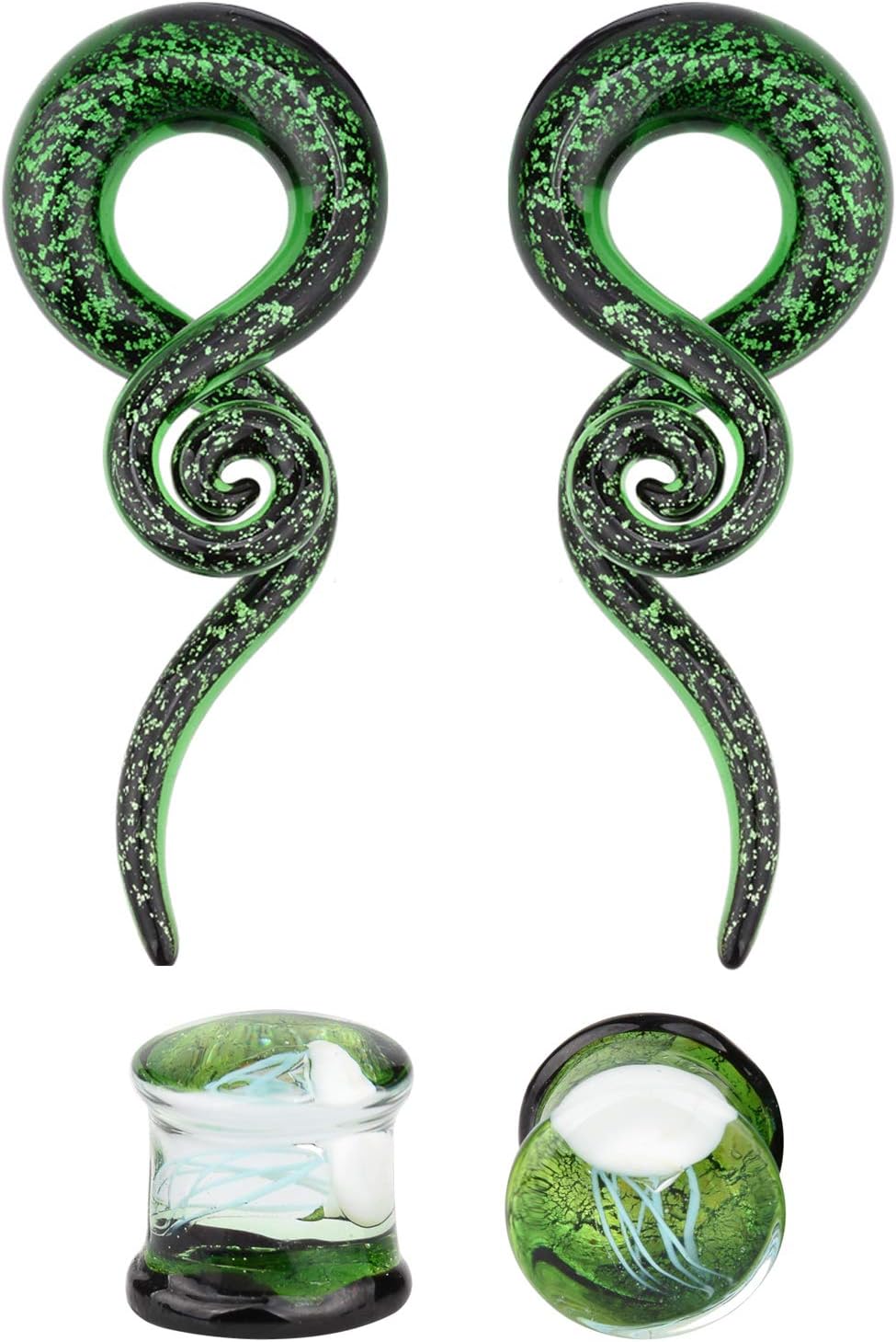 TOPBRIGHT Glass Spiral Tapers Kit with Jellyfish Ear Plugs 4 Pieces Glass Piercing Ear Gauges