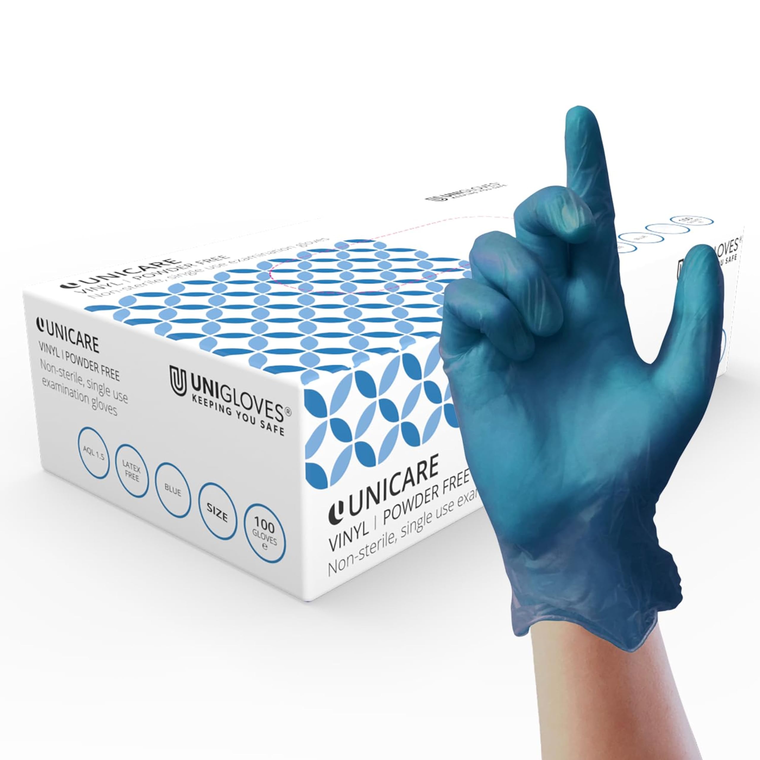 Unigloves Unicare GS0084 gloves Vinyl, Powder Free,Non Sterile,ambidextrous, Blue, Large, Pack of 100