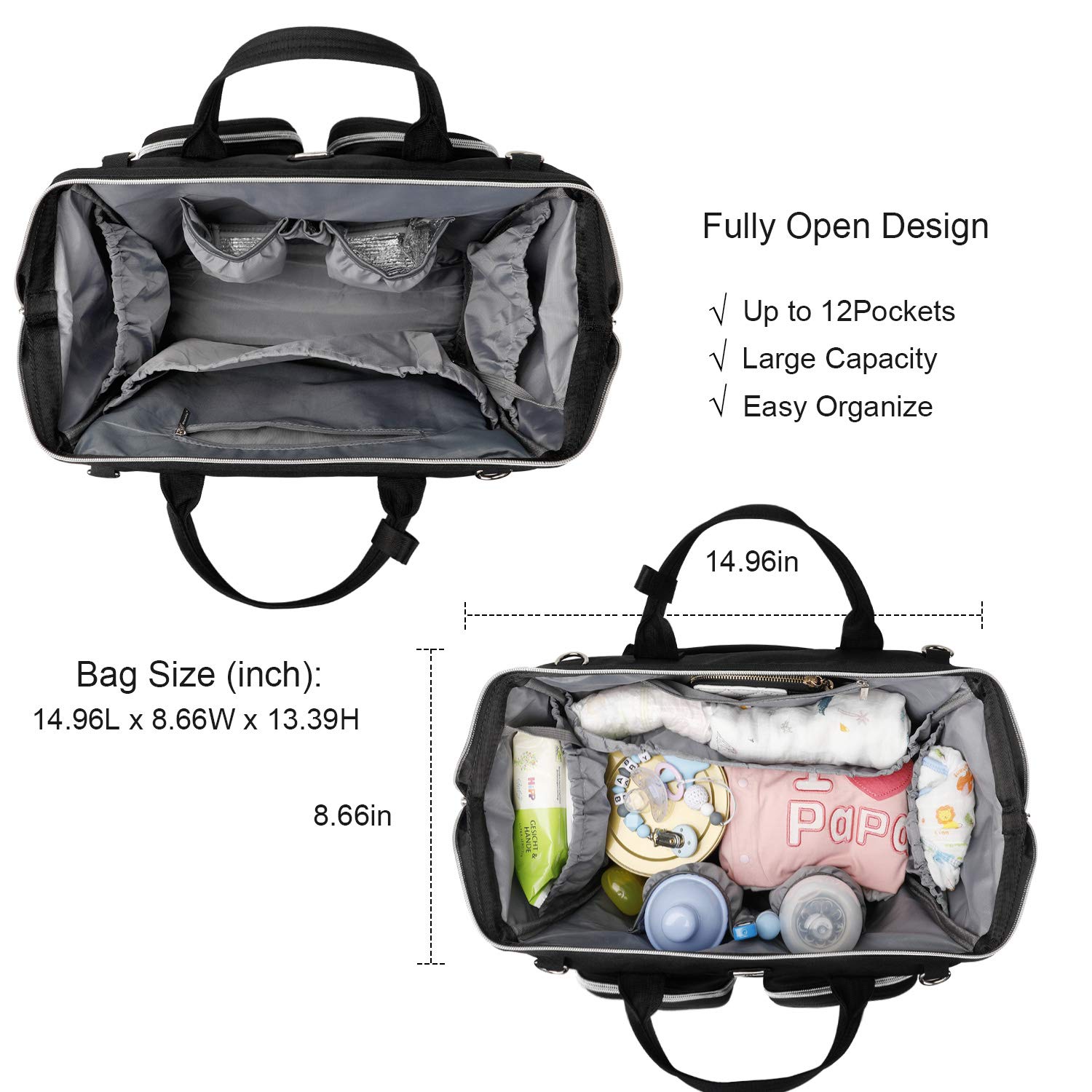 diaper bag tote with multiple separate pockets and changing pad