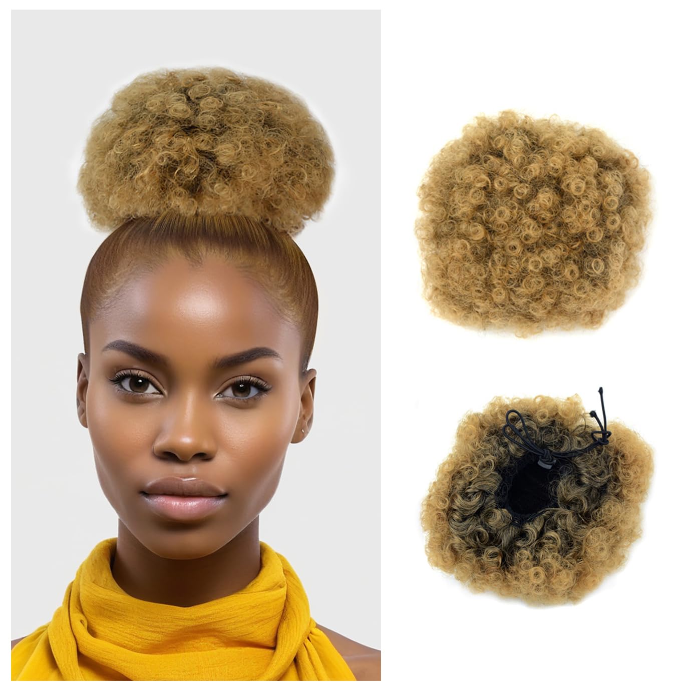 Afro Puff Drawstring Ponytail with Two Clips for Black Women Synthetic Curly Ponytail Bun Extension Hairpieces Updo Hair Extensions (Medium, T1B/27#)