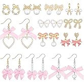 Liliaafar 12 Pairs Pink Bow Earrings for Women Gold Bow Ribbon Pearl Stud Earrings Rhinestone Drop Gift for Coquette Party Favors Mother Wife Sister Friend