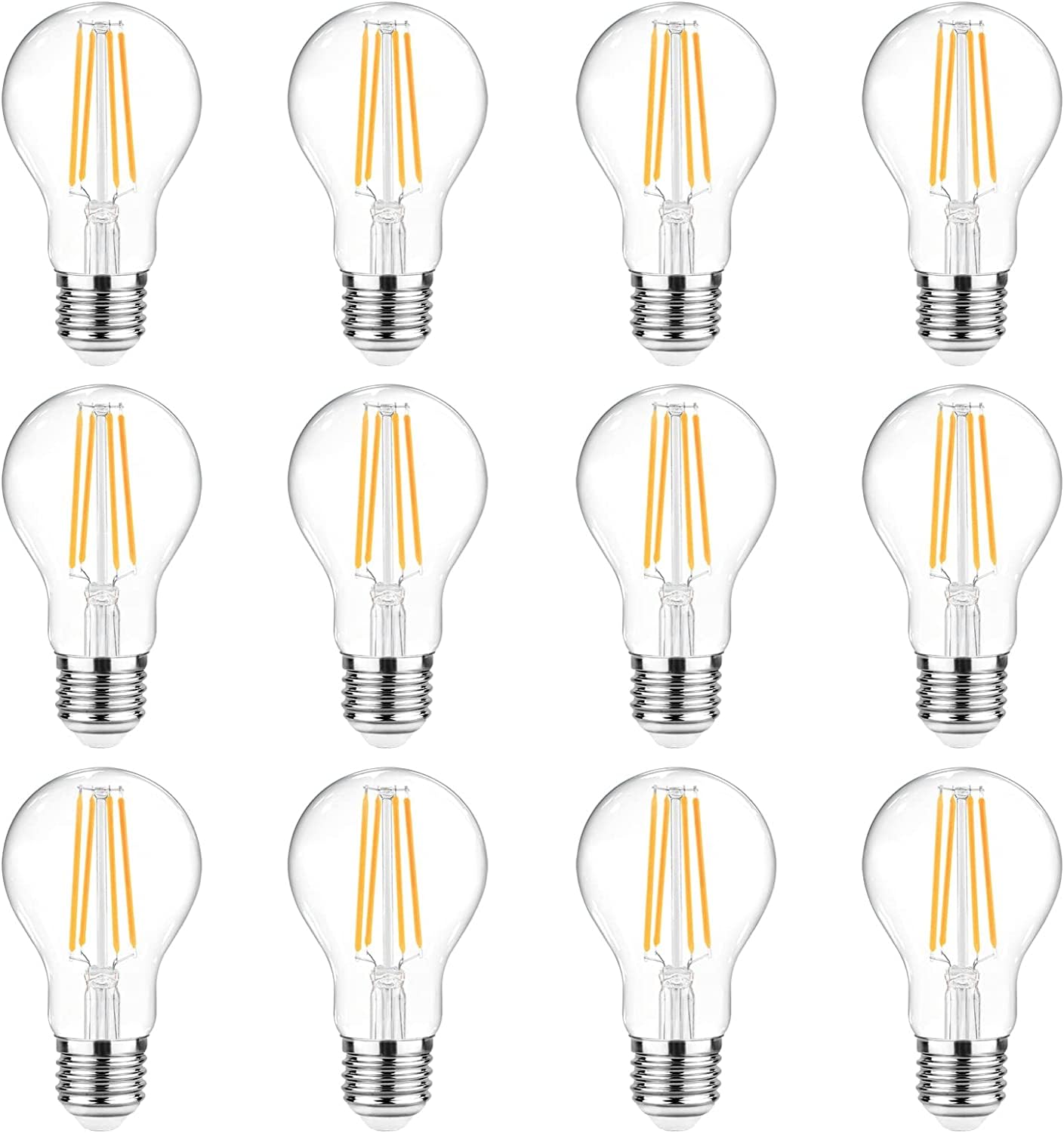 Ascher 60 Watt Equivalent, E26 LED Filament Light Bulbs, Warm White 2700K, Non-Dimmable, Classic Clear Glass, A19 LED Light Bulb with 80 CRI, Pack of 12 Image