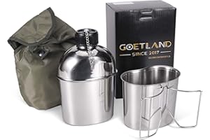 Goetland Stainless Steel WWII US Army Canteen Water Bottler Military Canteen Kit 1 QT with 0.56 QT Cup Nylon Pouch G.I.