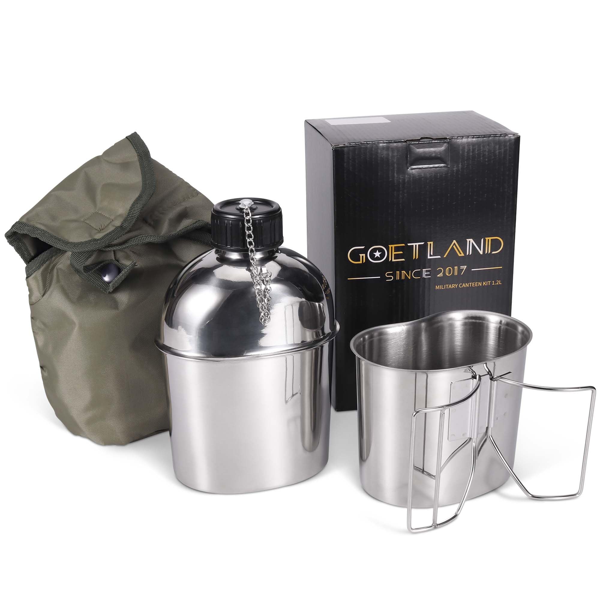 Goetland Stainless Steel WWII US Army Canteen Water Bottle Military Canteen Kit 1.06QT with 0.53QT Cup Nylon Pouch G.I.