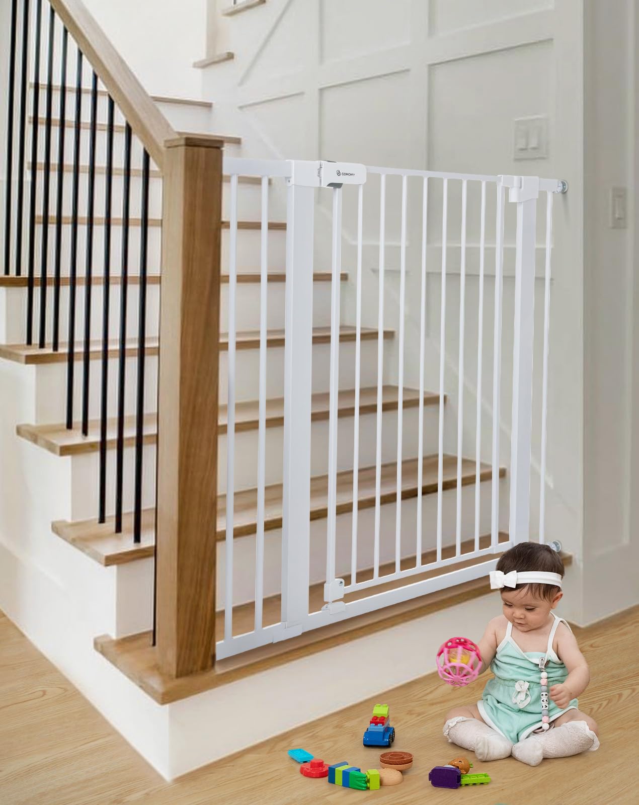 Photo 1 of COMOMY 36" Extra Tall Baby Gate for Stairs Doorways, Fits Openings 29.5" to 40.6" Wide, Auto Close Sturdy Safety Dog Gate for House, Pressure Mounted Easy Walk Through Pet Gate with Door, White