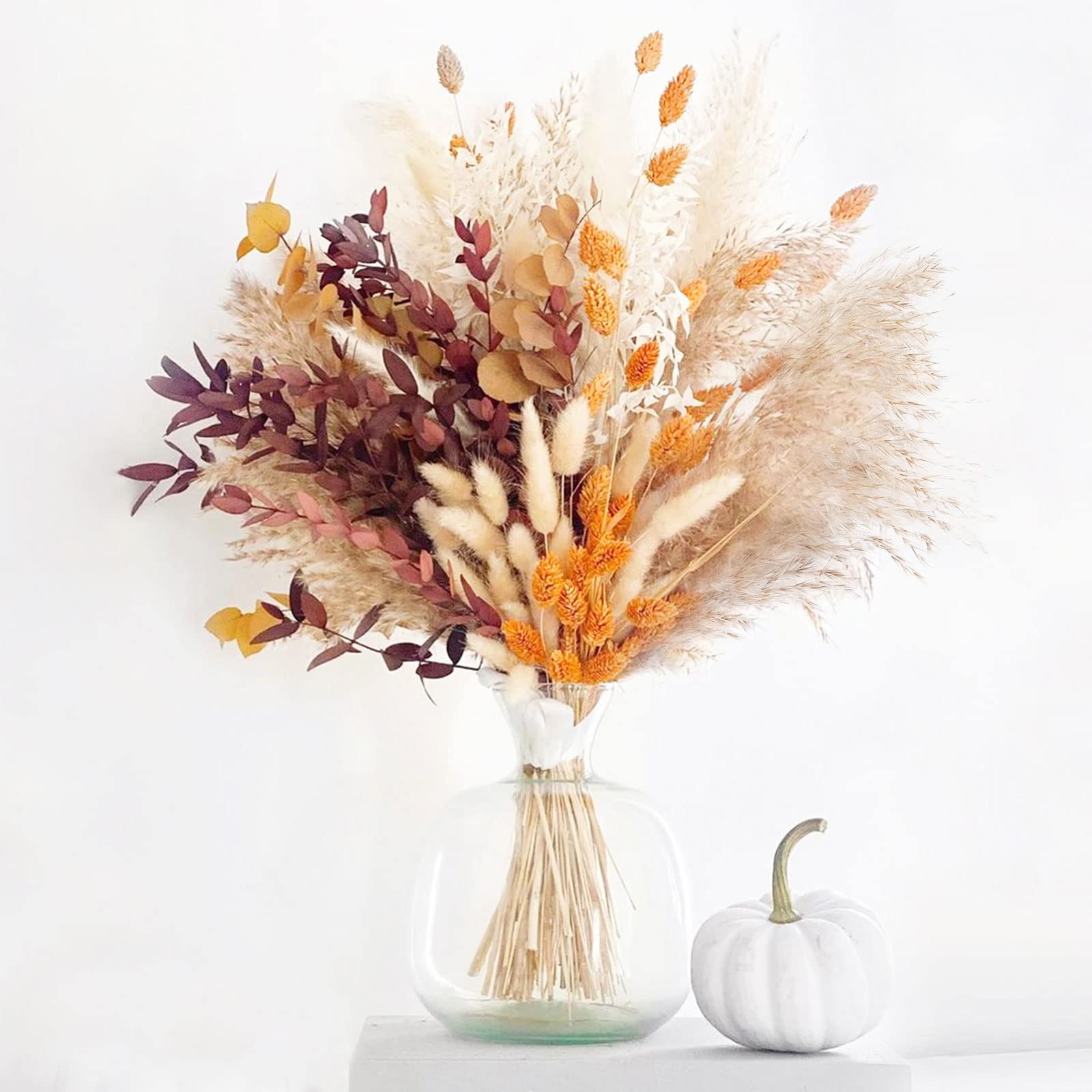 Photo 1 of HUMINBO Fall Decor Autumn Decorations for Home Thanksgiving Table Boho Flowers Orange Pampas Grass Fluffy Dried Flower Bouquet Dry Pompas 17"-95-Pcs Pompous (Orange)