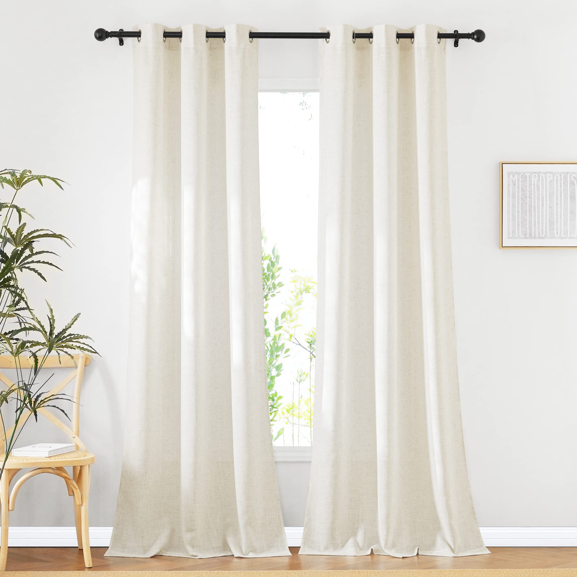 NICETOWN Linen Curtains for Bedroom 95 inch Long, Grommet Flax Linen Weave Window Curtains & Drapes Semi Sheer Privacy with Light Filtering for Living Room, W42 x L95, 2 Panels Image