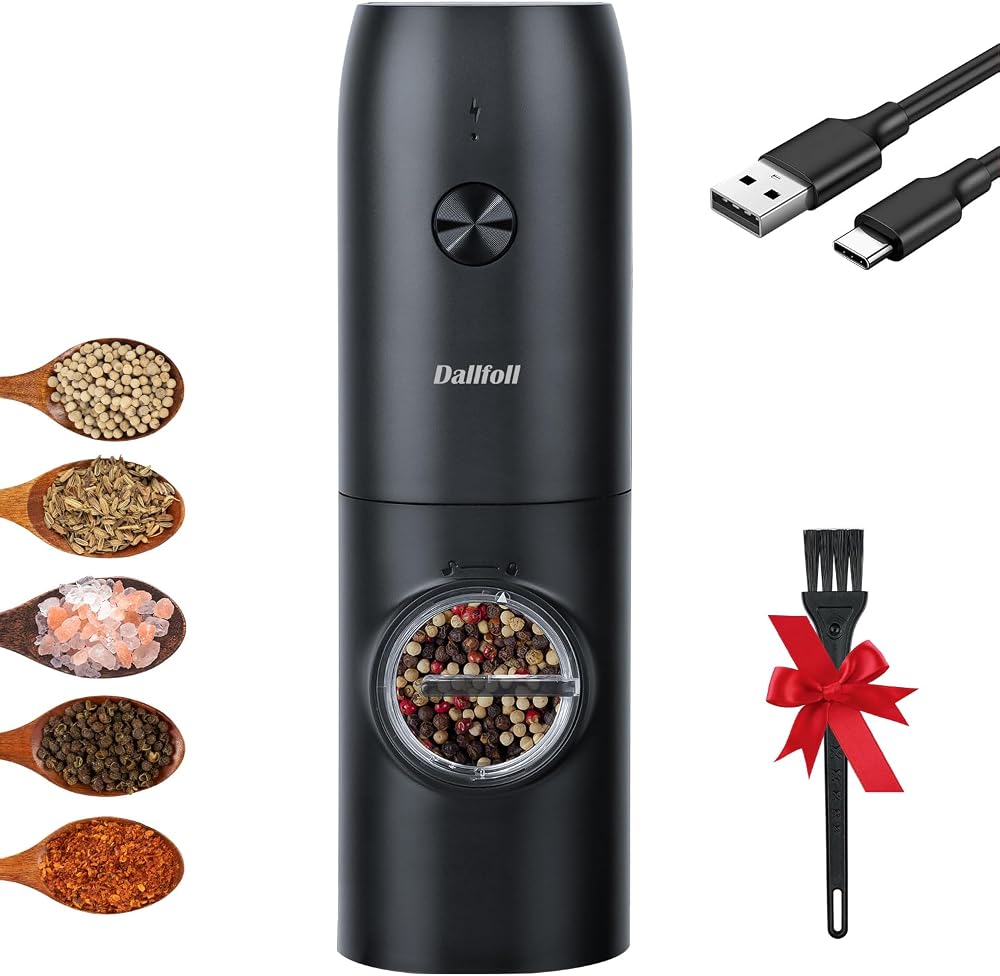 Dallfoll Electric Salt Pepper Grinder USB Rechargeable with LED Light