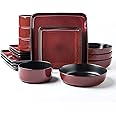 Arora FLACKAR Square Stoneware 16pc Double Bowl Dinnerware Set for 4, Dinner Plates, Side Plates, Cereal Bowls, Pasta Bowls - Reactive Glaze Red (480349)