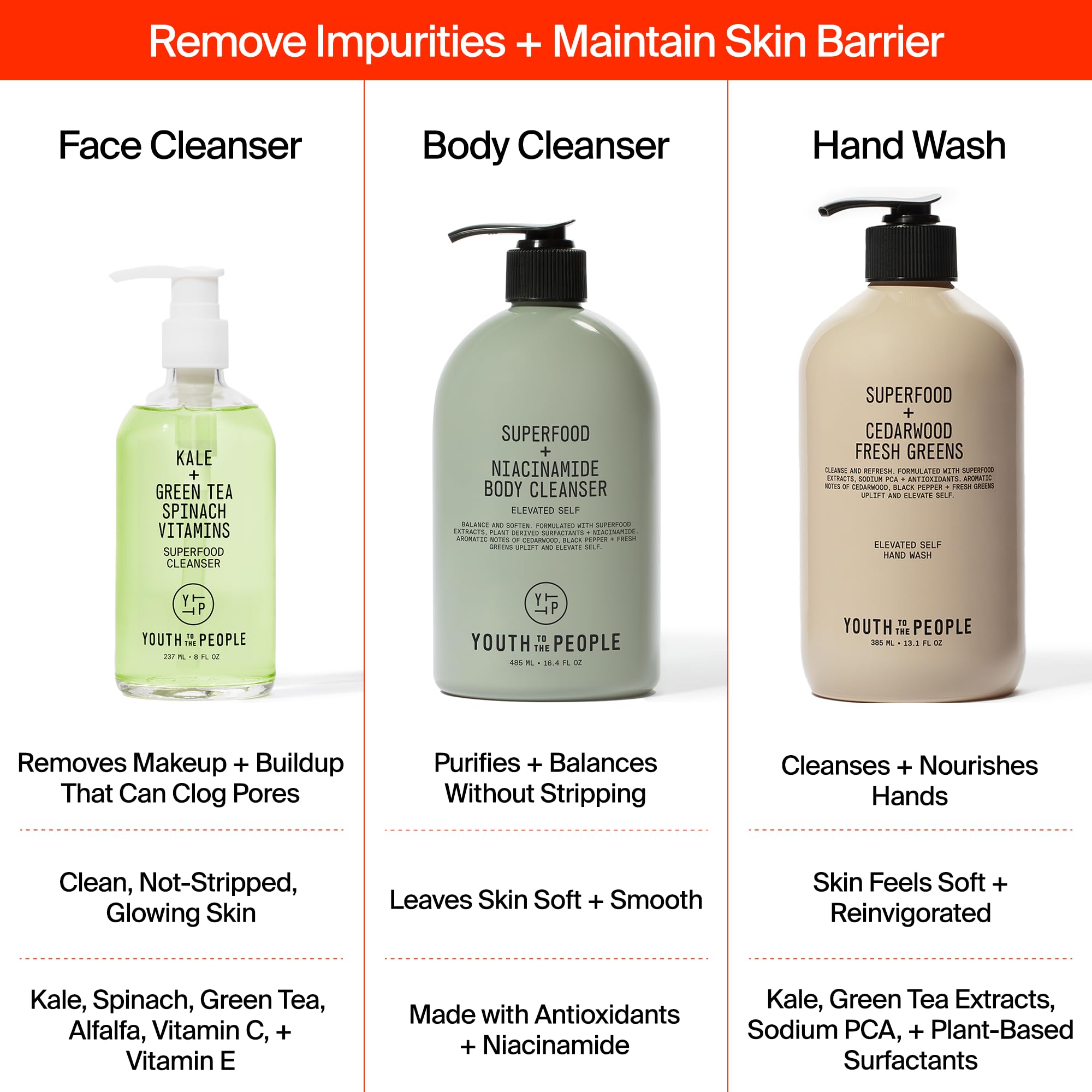 Youth To The People Superfood Cleansing Trio - Vegan Skincare Bundle Set - Superfood Kale + Green Tea Facial Cleanser (8 fl oz) + Body Cleanser (16.4 fl oz) + Antioxidant Hand Wash (13.1 fl oz)