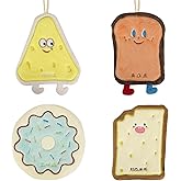 DODAMOUR 4-Pack Cute Hanging Hand Towels for Kitchen & Bathroom - Soft Coral Fleece Absorbent Towel with Loop, Funny Cartoon Food Design (Donut, Toast, Cheese) for Kids & Home Decor
