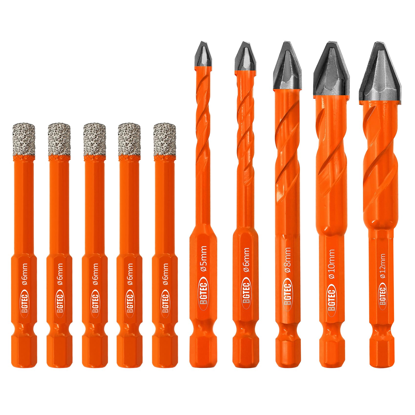 BGTEC High Hardness Skewed Head Eccentric Drill Bits Set-10pcs 5/6/8/10/12MM Carbide-Tipped Drill bit+6mm*5 Diamond Core Drill Bit for Wood Plastic Masonry Ceramic Tile Glass Concrete Marble Brick