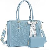 MOSISO Laptop Bag for Women, PU Leather Tote Bag, Front Embossed Retro Hibiscus Computer Bags with Silk Scarf&Clutch Purse