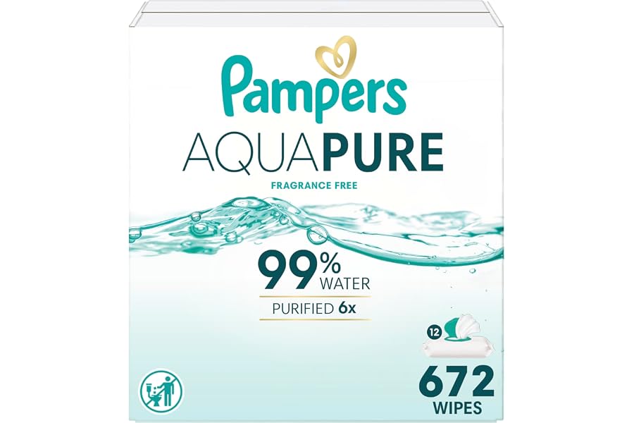 Pampers Aqua Pure Baby Wipes, 99% Water, Fragrance Free, Unscented, Water Based, Multi-Use, 672 Wipes Total (12X Flip-Top Pac