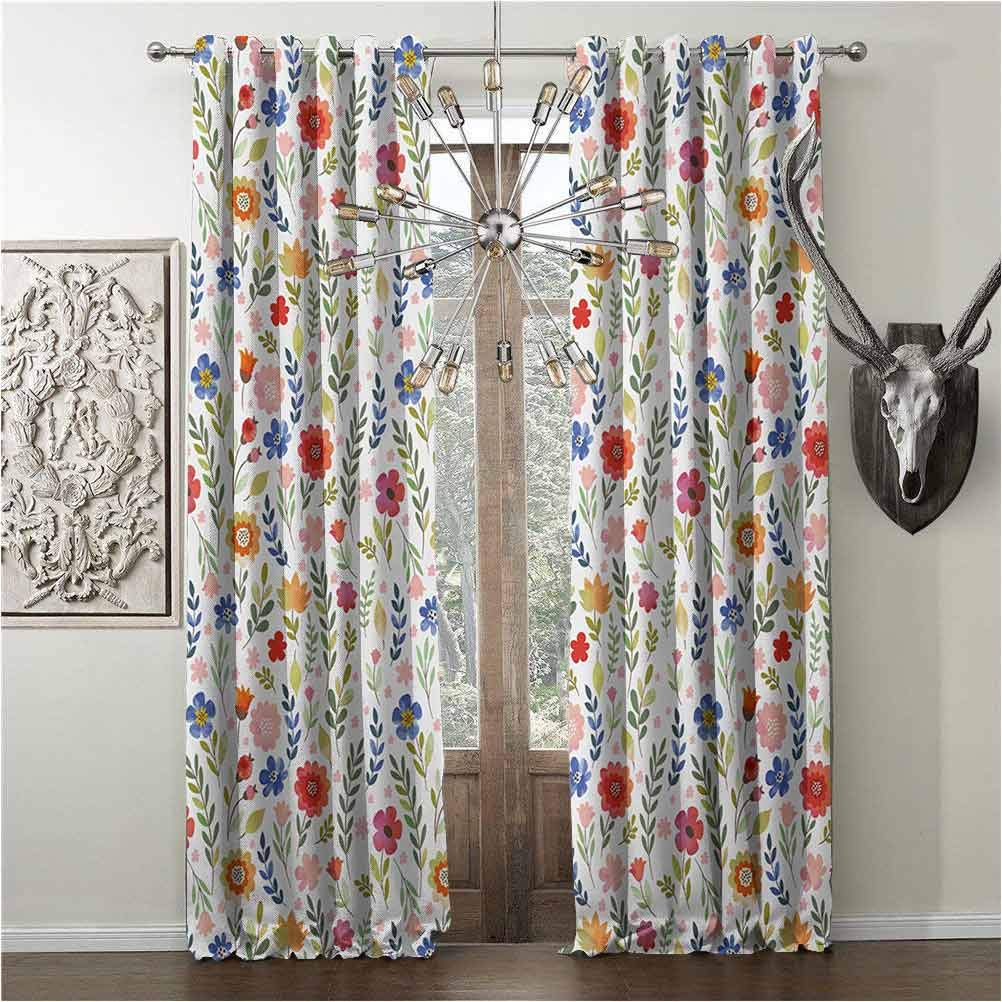 Blackout curtains dimout, Watercolor, decor room darkening curtain, Floral Patterned Illustration with Leaves and Wildflowers Abstract Botanical, W84 x L84 Inch, Multicolor, grommets valances,